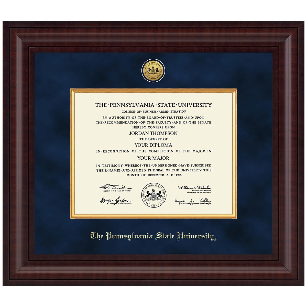 Diploma Frame, Presidential, Gold Engraved Medallion The Pennsylvania State University, Navy Suede Mat, Premier Molding, Chesnut Finish